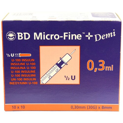 Picture of BD Micro-Fine+Demi 0.3ml U100 Insulin Syringe 30G/8mm (30Unit syringe) (100)