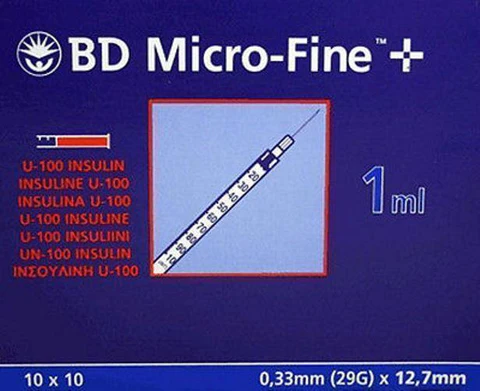 Picture of BD MICRO-FINE+HYPODERMIC U100 INSULIN SYRINGE 1ML 12.7MM 0.33MM/29G (100)